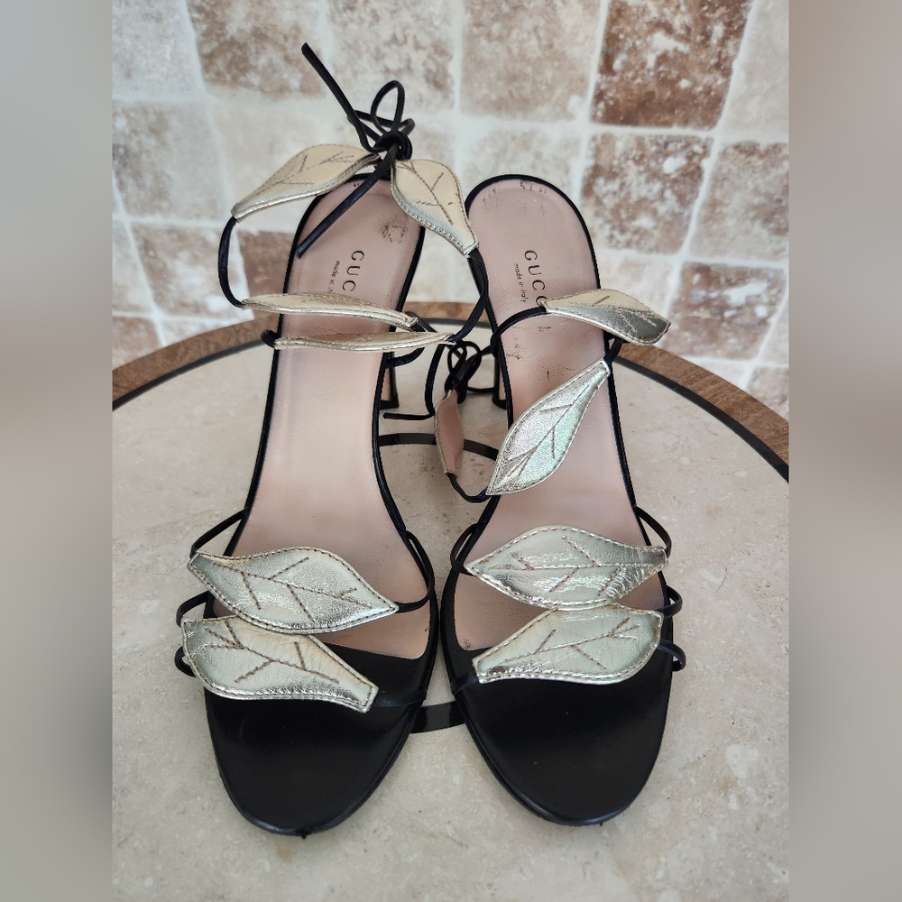 Gucci gold leaf wrap around sandal